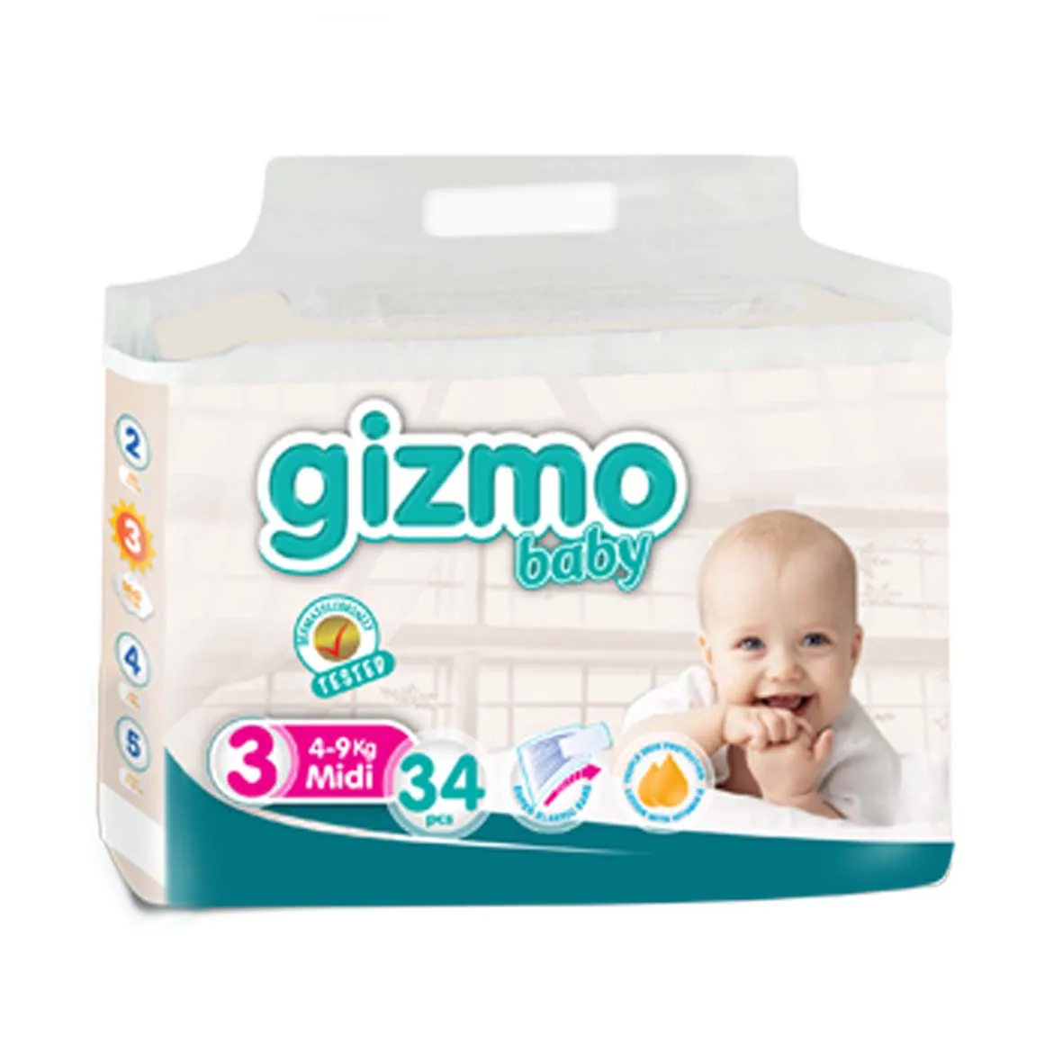 Un paquet de couches Gizmo Baby, taille 3 midi, 34 pièces.