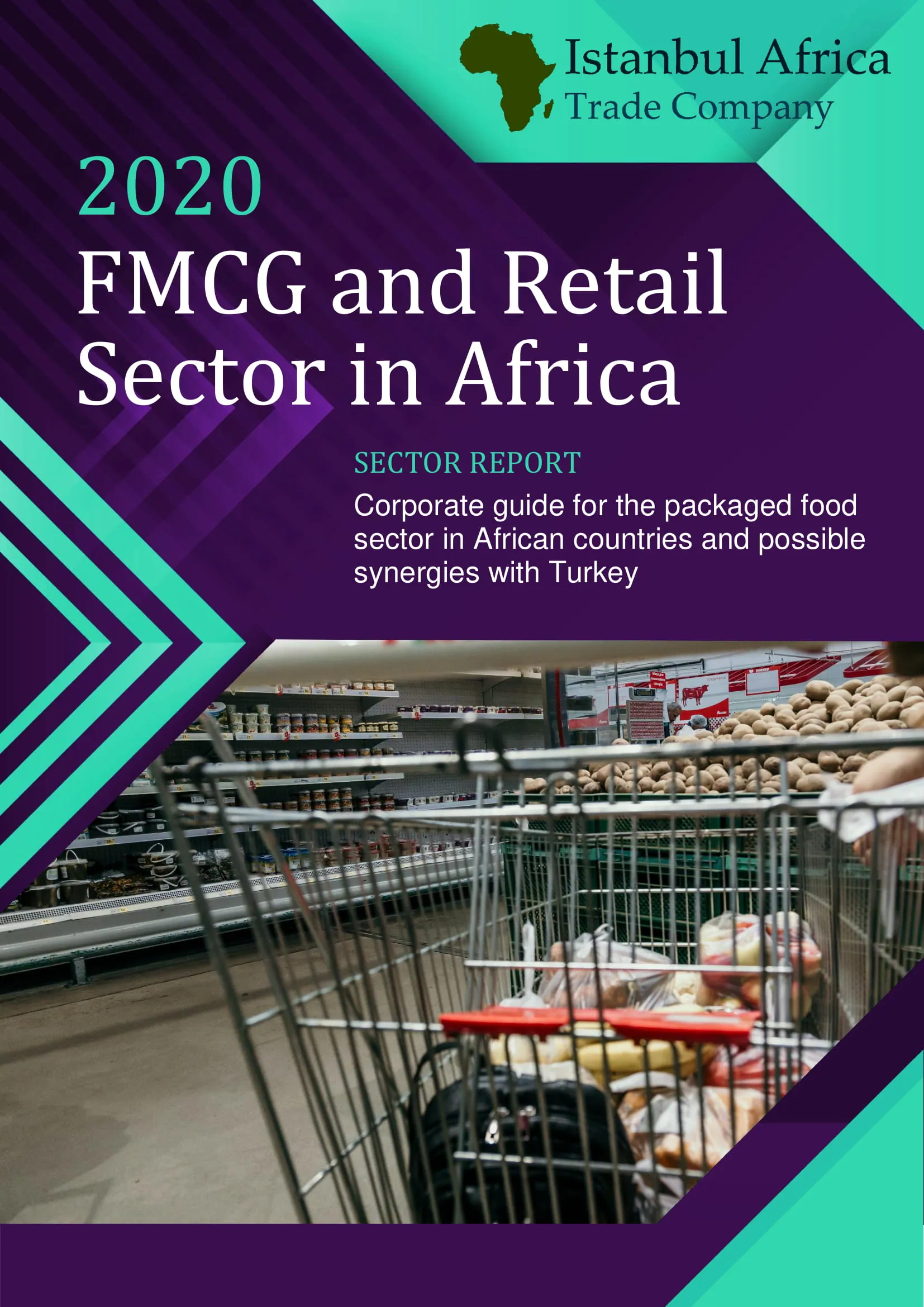Cover of the 2020 sector report “FMCG and Retail Sector in Africa”, with a photograph of a supermarket aisle.