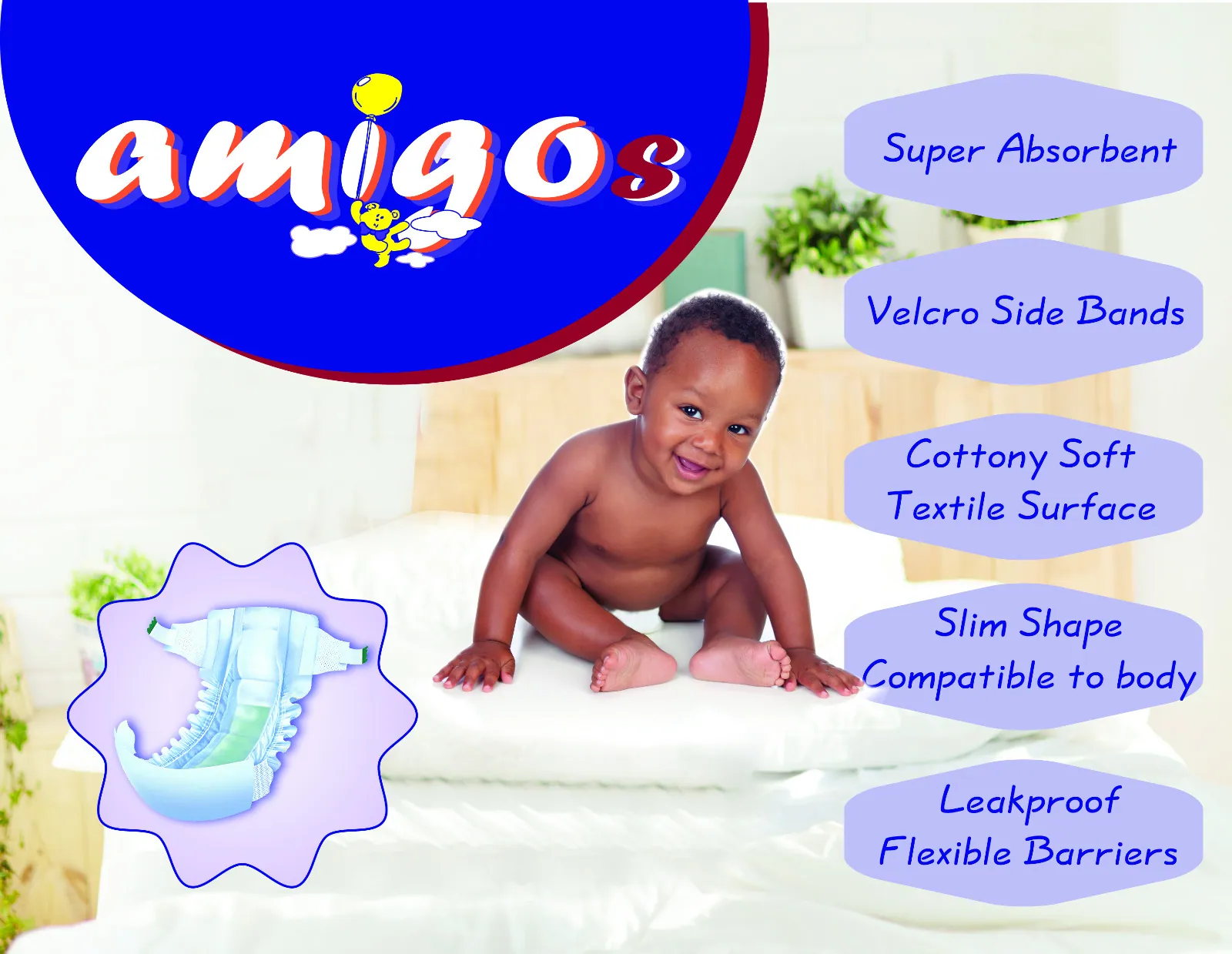 Publicité pour les couches Amigos : un bébé sur un lit à côté d'une liste de caractéristiques - super absorbant, bandes latérales autoagrippantes, surface textile douce comme du coton, forme fine, barrières souples anti-fuites.