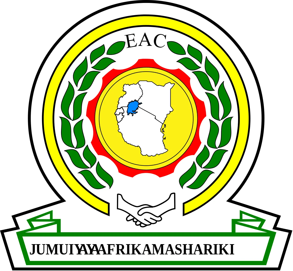 Logo de la Communauté d'Afrique de l'Est, « Jumuiya ya Afrika Mashariki », avec une carte régionale, une couronne de laurier et des mains jointes.