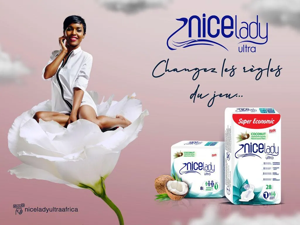 Publicité pour les serviettes hygiéniques Nicelady Ultra, montrant plusieurs paquets et la mention « Changez les règles du jeu ».