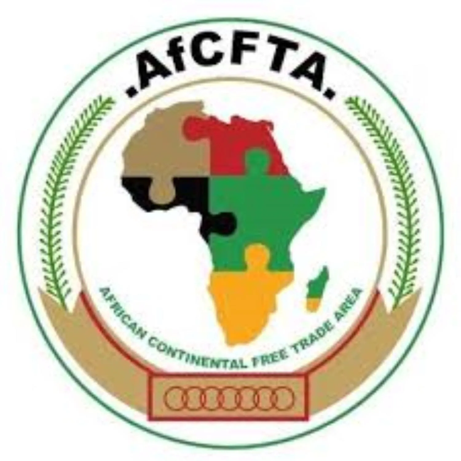 Logo de la Zone de libre-échange continentale africaine : une carte de l'Afrique dessinée en puzzle rouge, vert et jaune dans une couronne de laurier.
